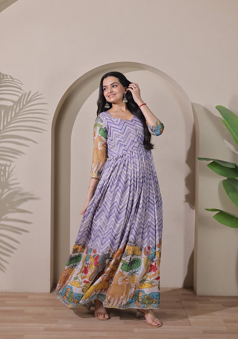 Lavender Printed Silk Dress - Indya