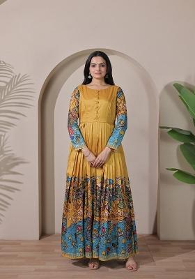 Mustard Printed Silk Dress