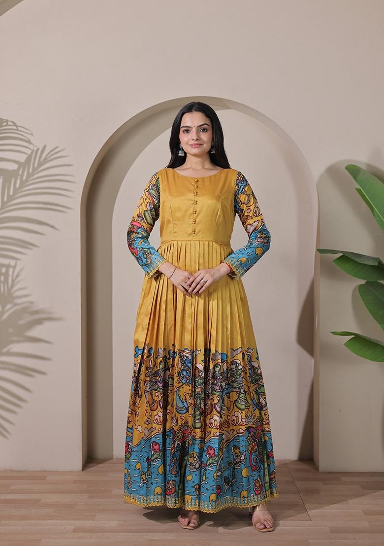 Mustard Printed Silk Dress - Indya