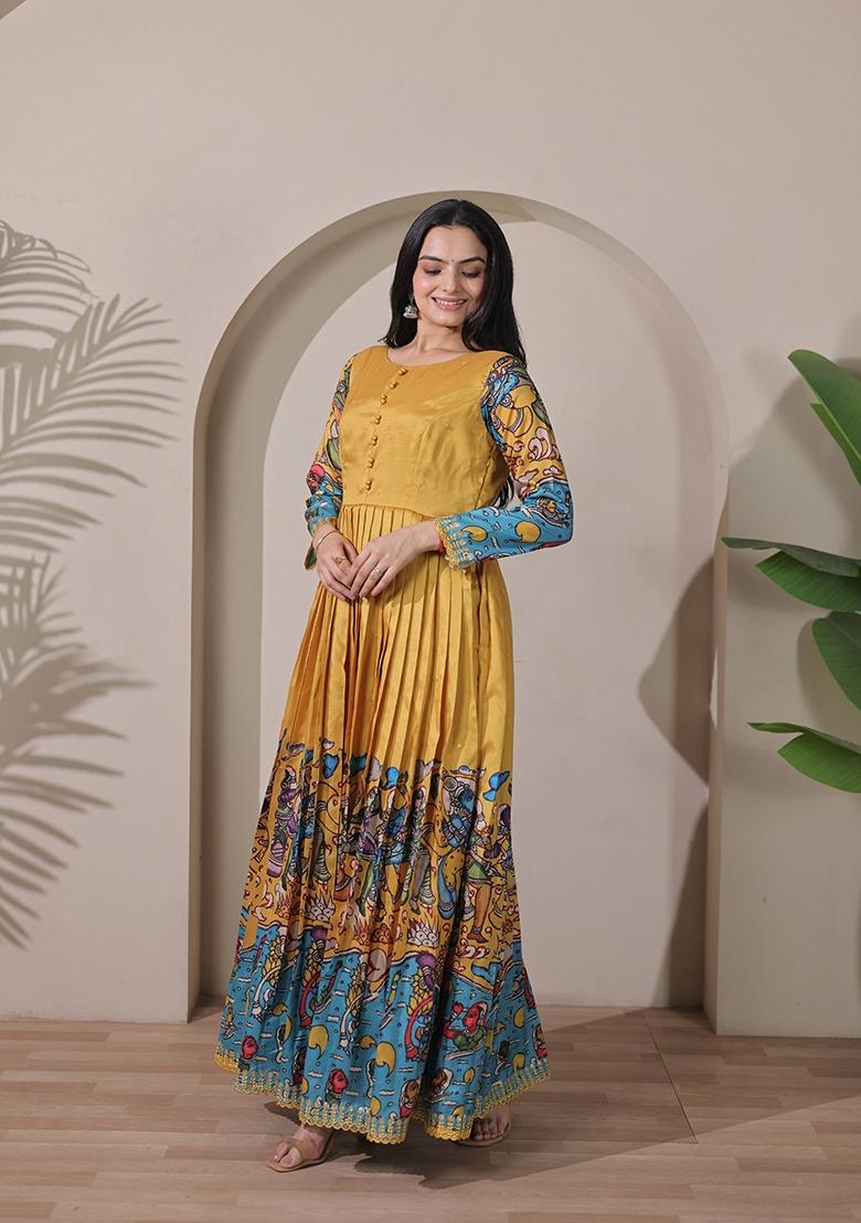 Mustard Printed Silk Dress - Indya