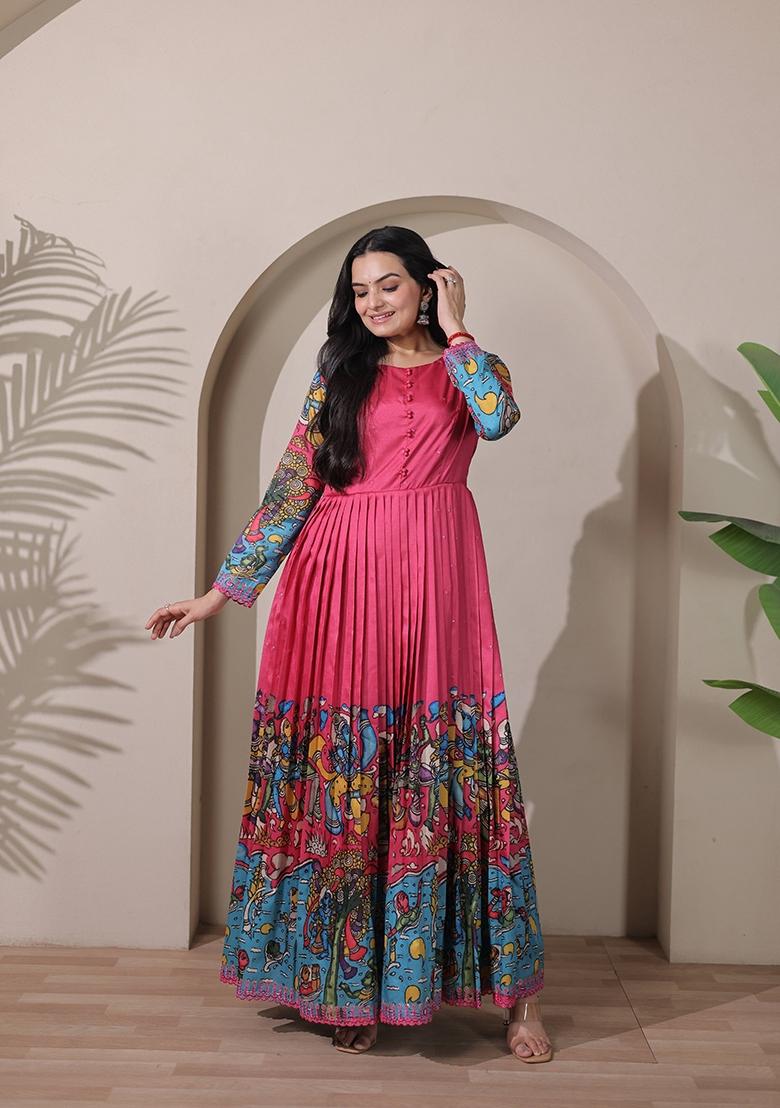 Pink Printed Silk Dress - Indya