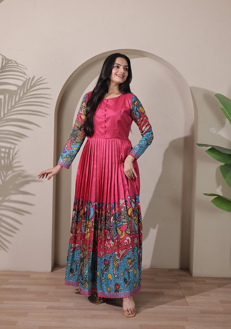 Pink Printed Silk Dress - Indya