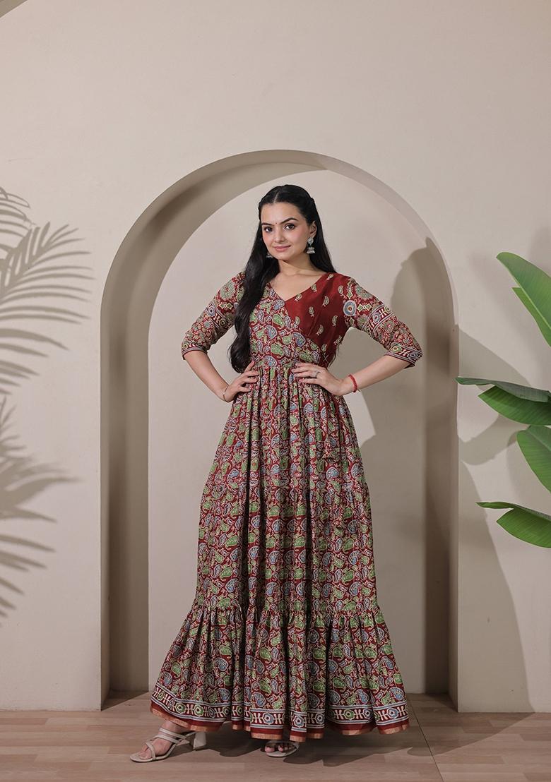 Maroon Printed Silk Dress - Indya