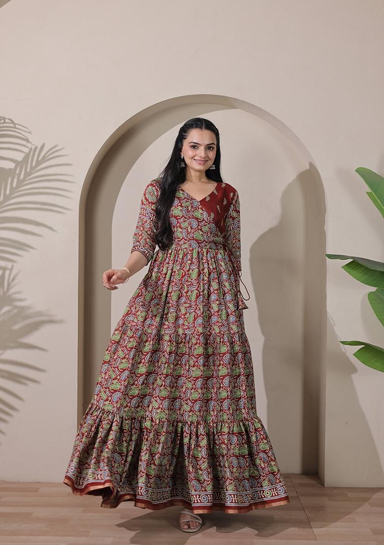 Maroon Printed Silk Dress - Indya