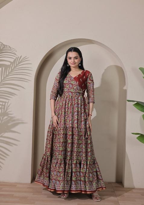 Maroon Printed Silk Dress