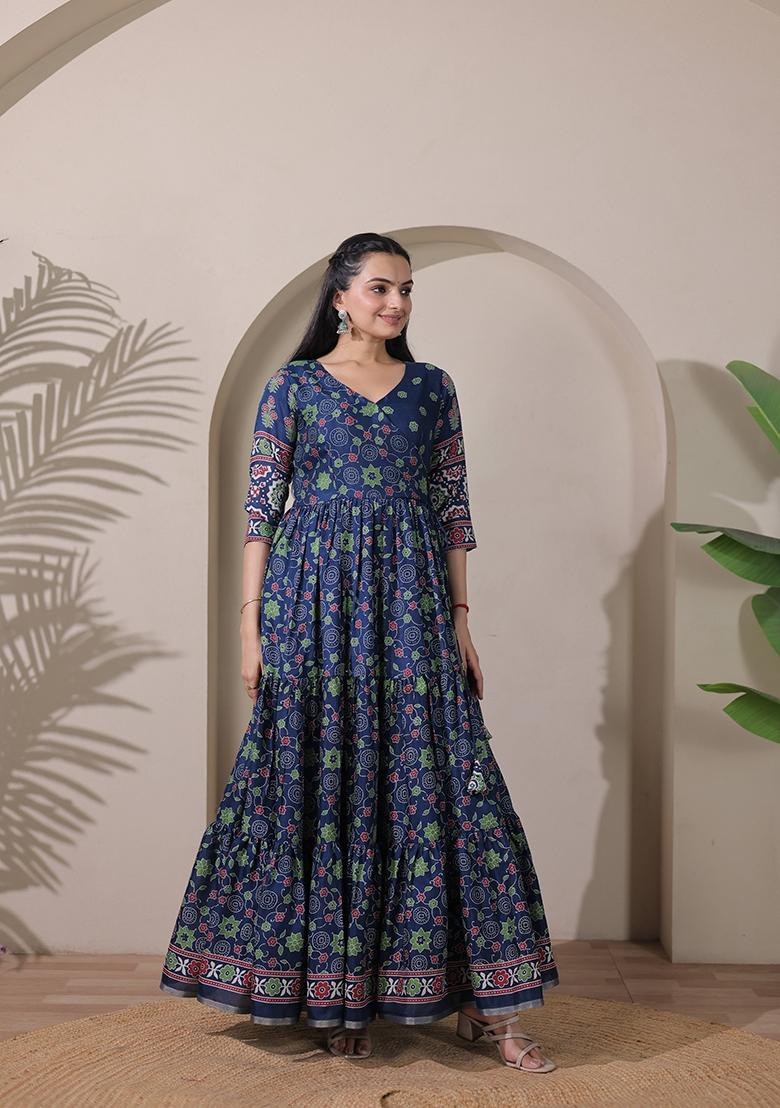 Blue Printed Silk Dress - Indya