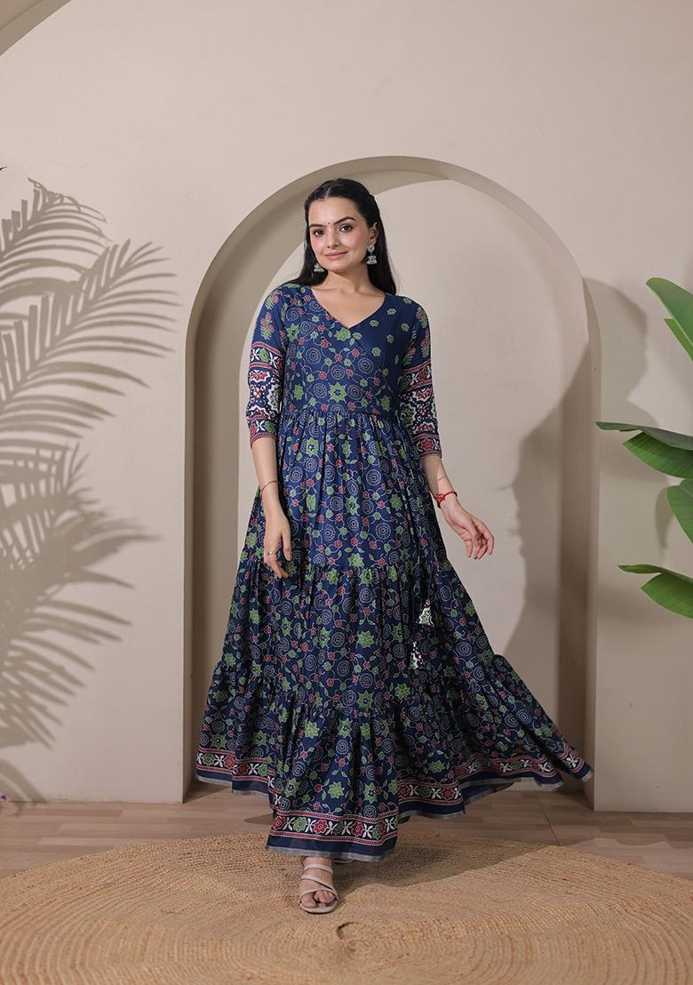 Blue Printed Silk Dress - Indya