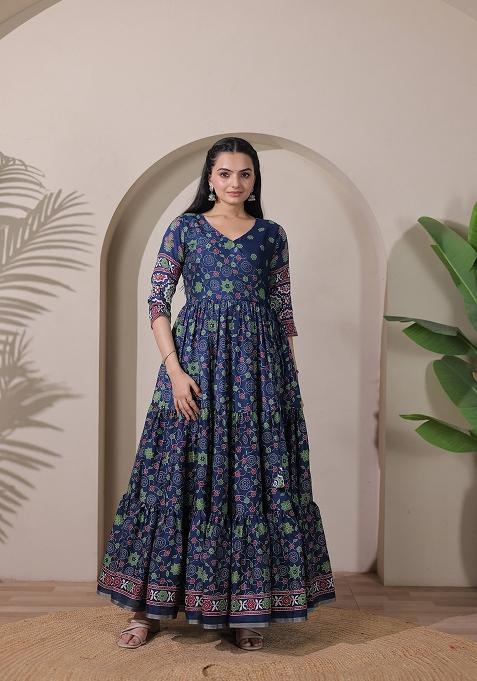 Blue Printed Silk Dress