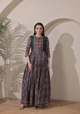 Bottle Green Printed Silk Dress