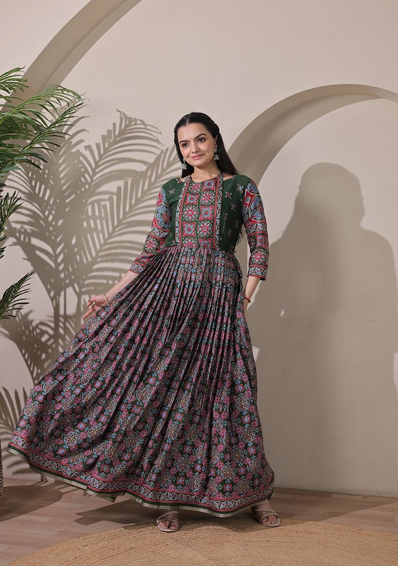 Bottle Green Printed Silk Dress - Indya