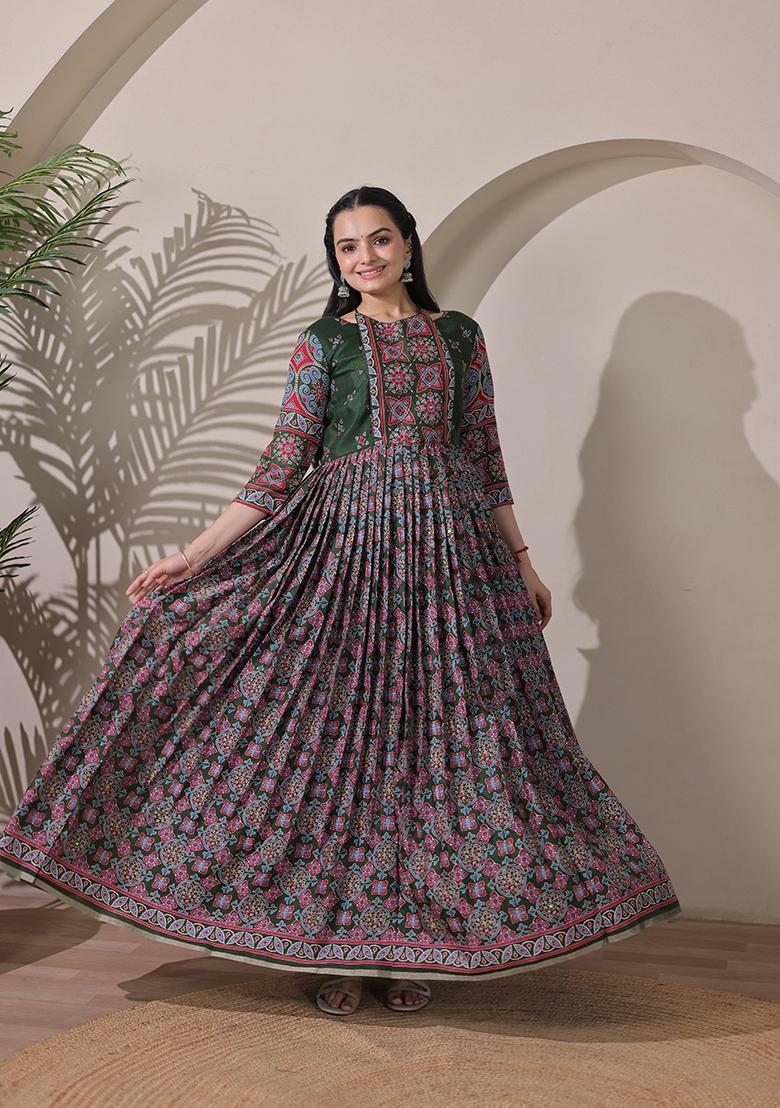 Bottle Green Printed Silk Dress - Indya