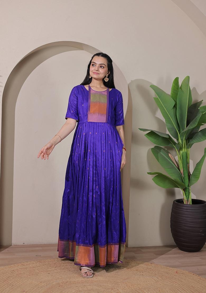 Blue Printed Silk Dress - Indya