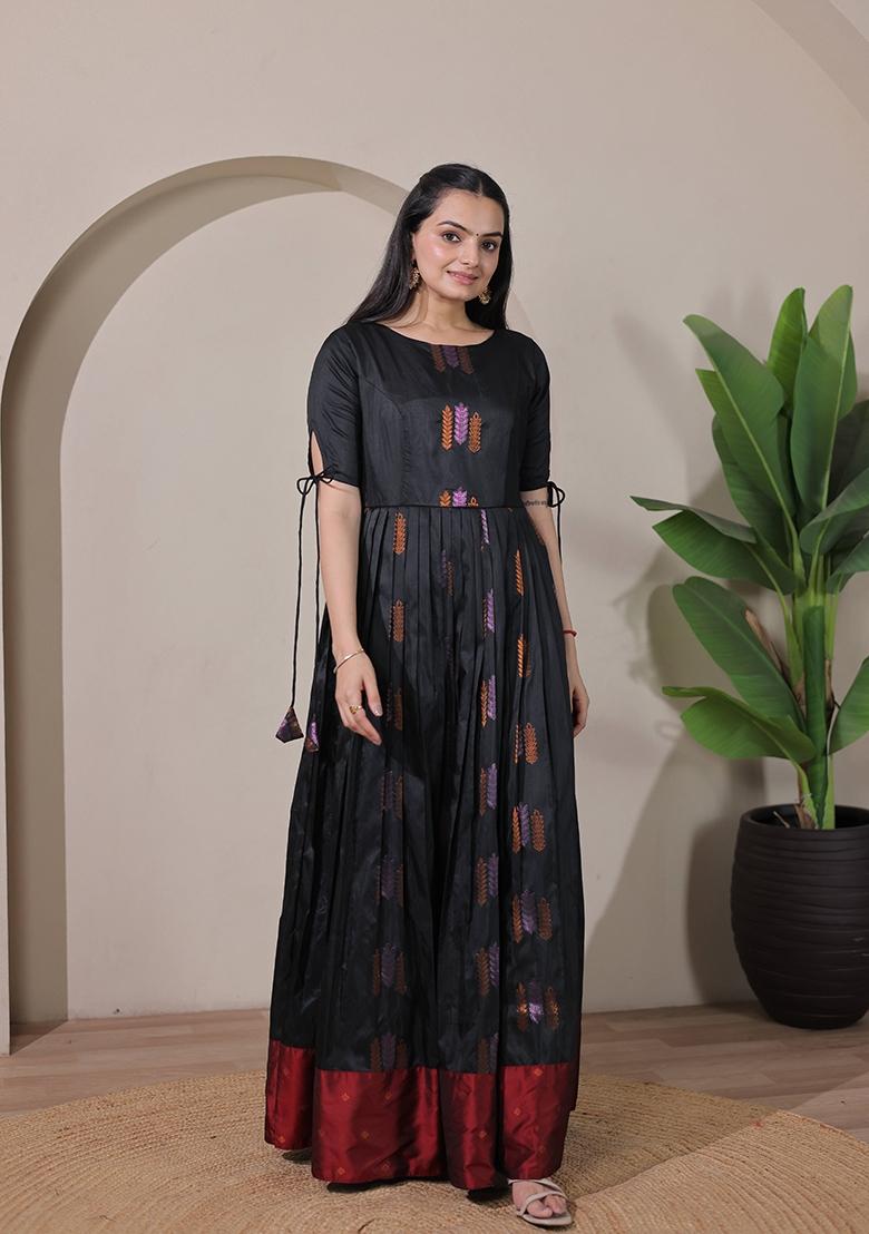 Black And Maroon Printed Silk Dress - Indya