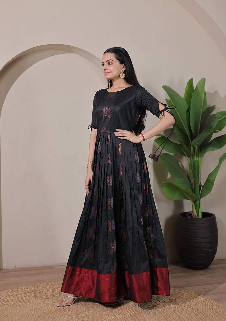 Black And Maroon Printed Silk Dress - Indya