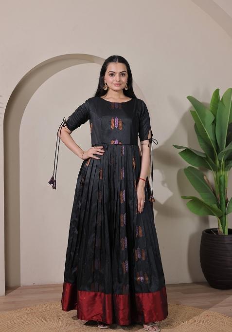 Black And Maroon Printed Silk Dress