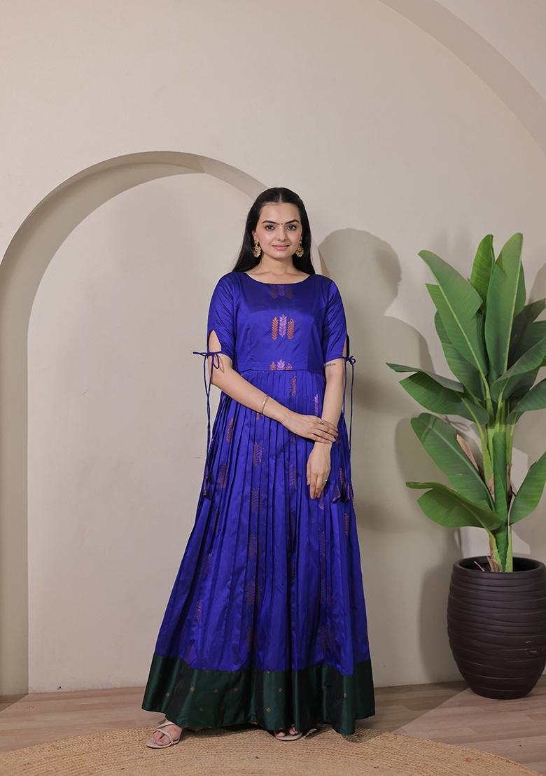 Blue Printed Silk Dress - Indya