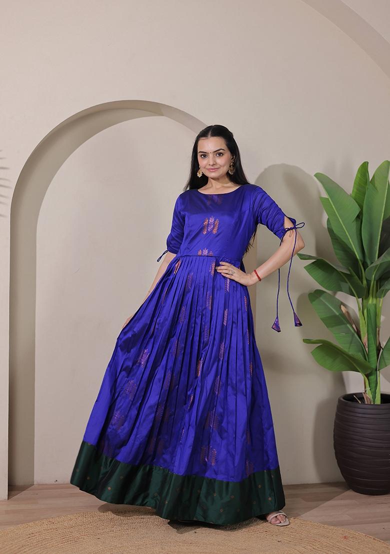 Blue Printed Silk Dress - Indya