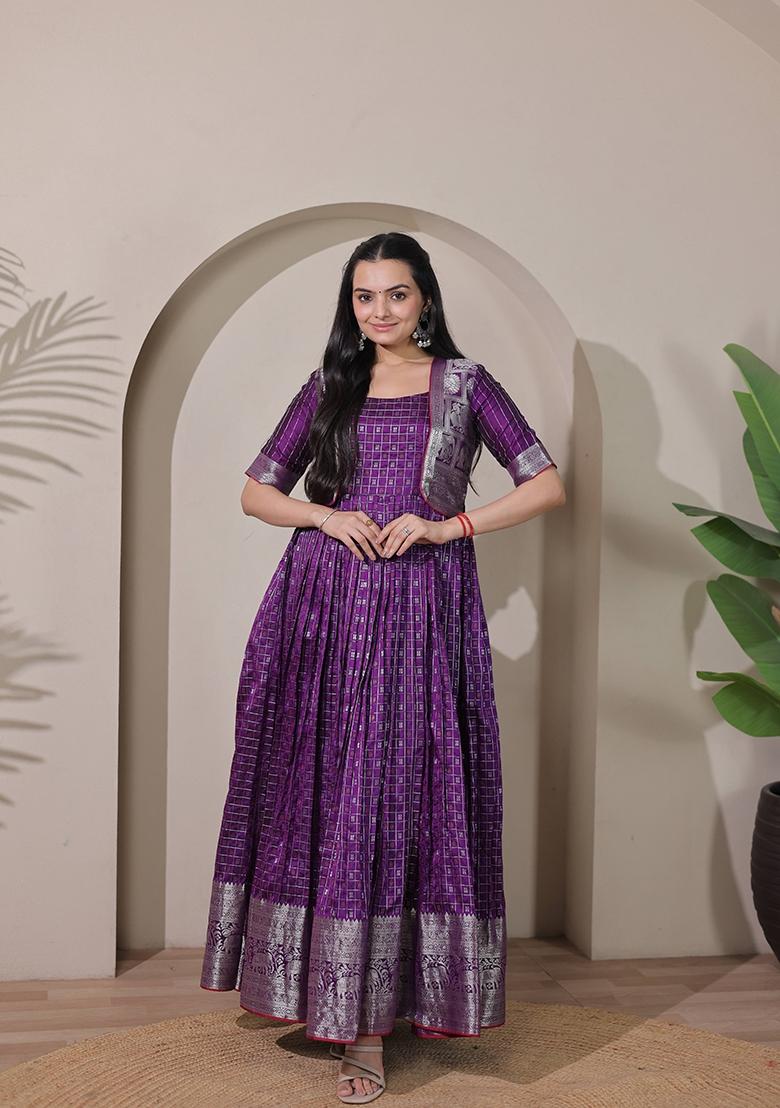 Purple Printed Silk Dress - Indya