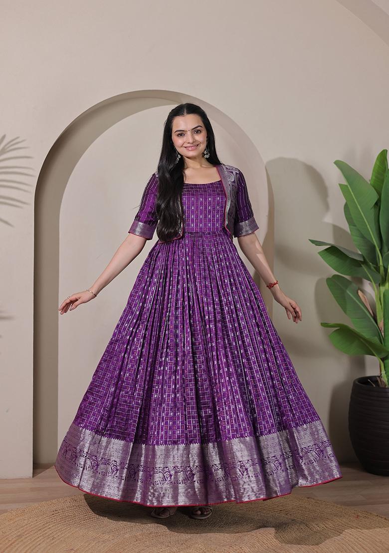 Purple Printed Silk Dress - Indya