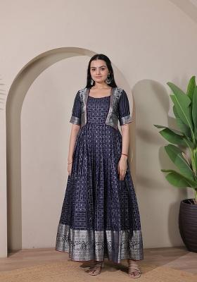 Teal Blue Printed Silk Dress