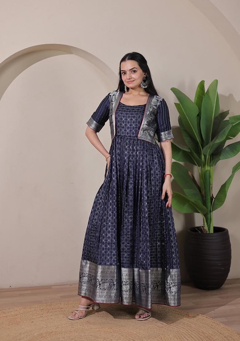 Teal Blue Printed Silk Dress - Indya