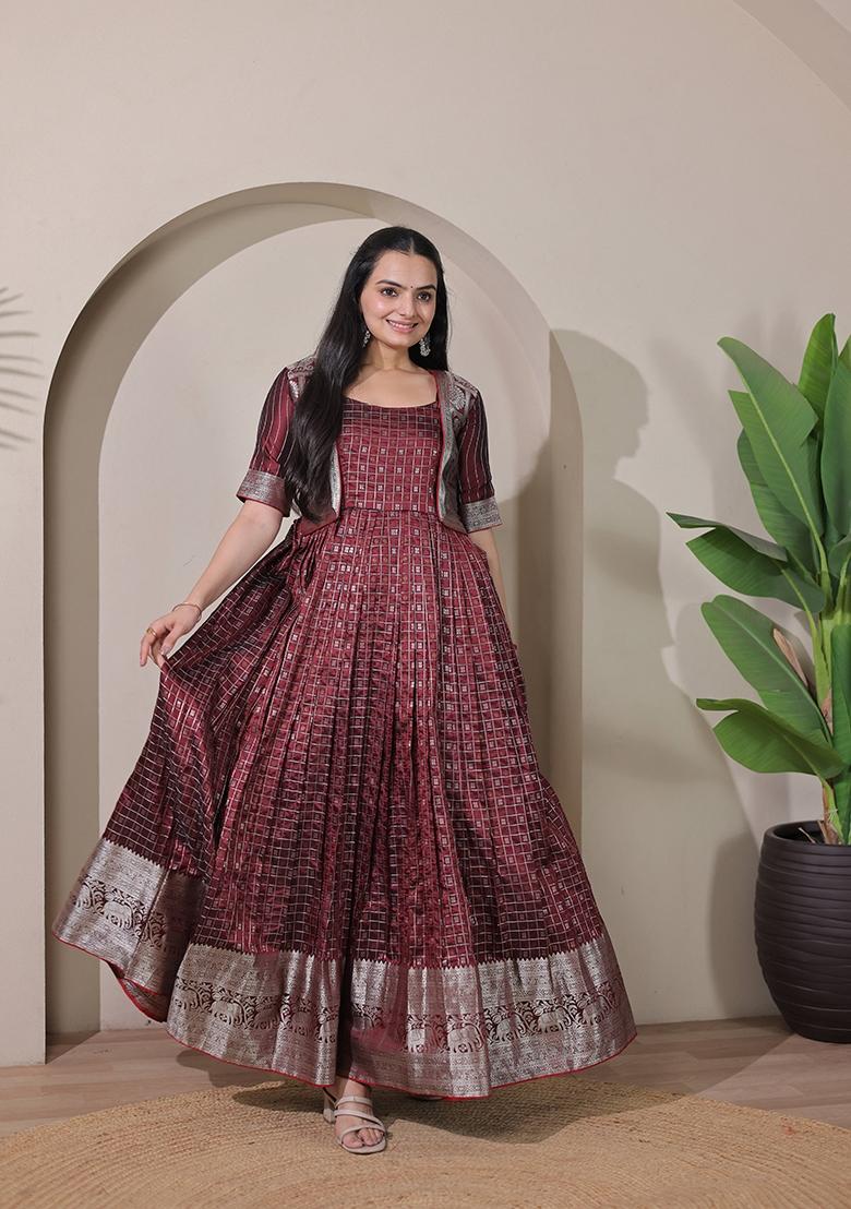Maroon Printed Silk Dress - Indya
