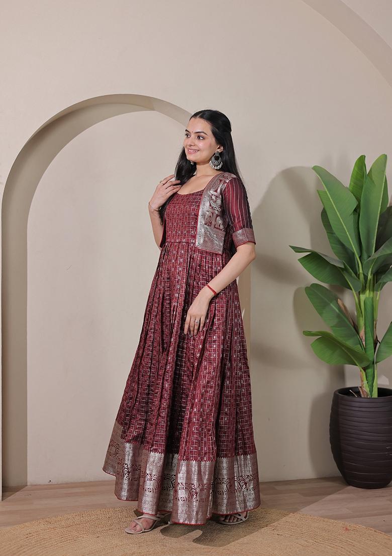 Maroon Printed Silk Dress - Indya
