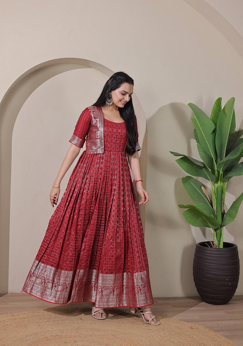 Red Printed Silk Dress - Indya