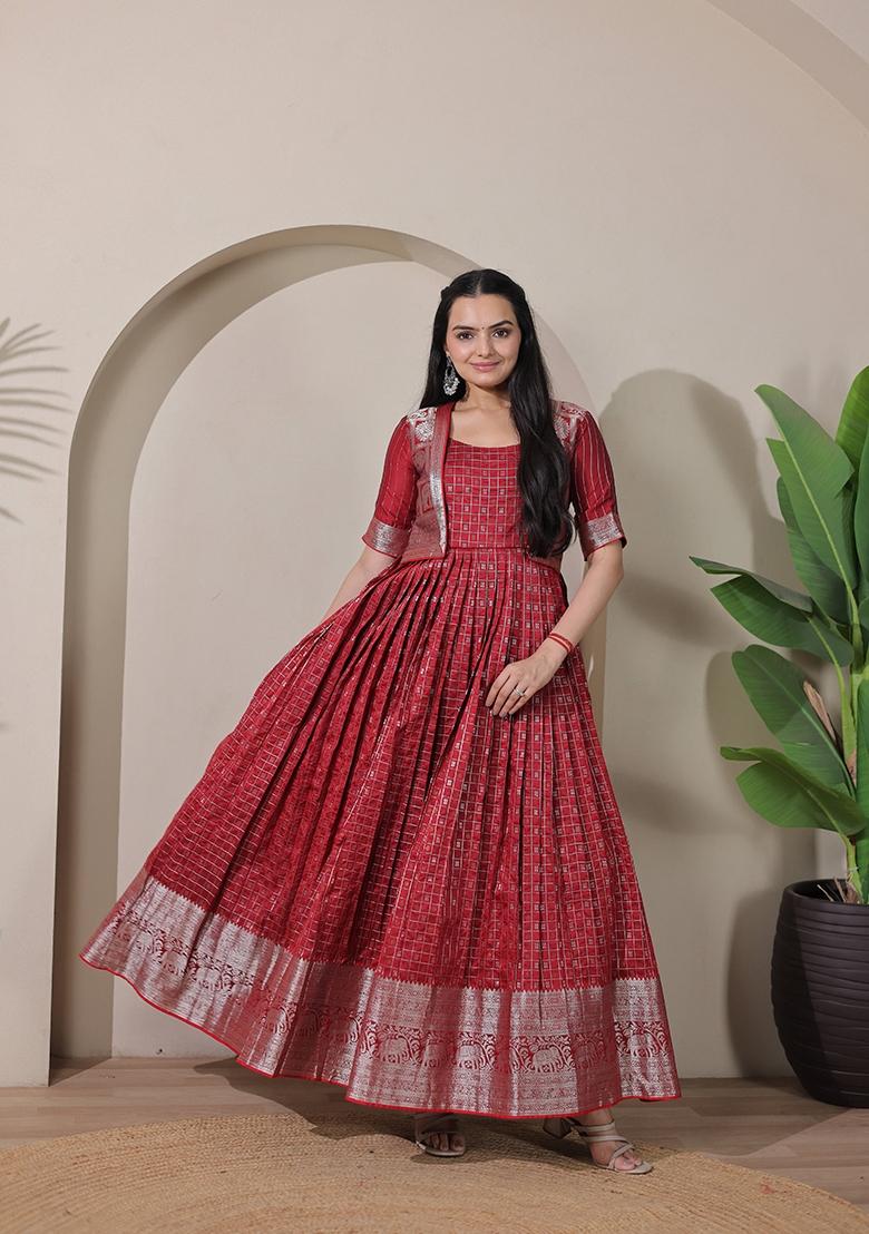 Red Printed Silk Dress - Indya