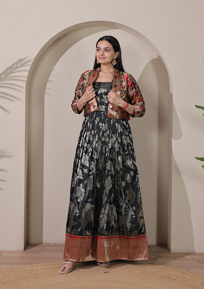 Black Printed Silk Dress - Indya