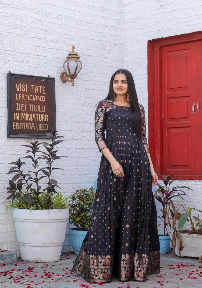 Black Printed Silk Dress - Indya