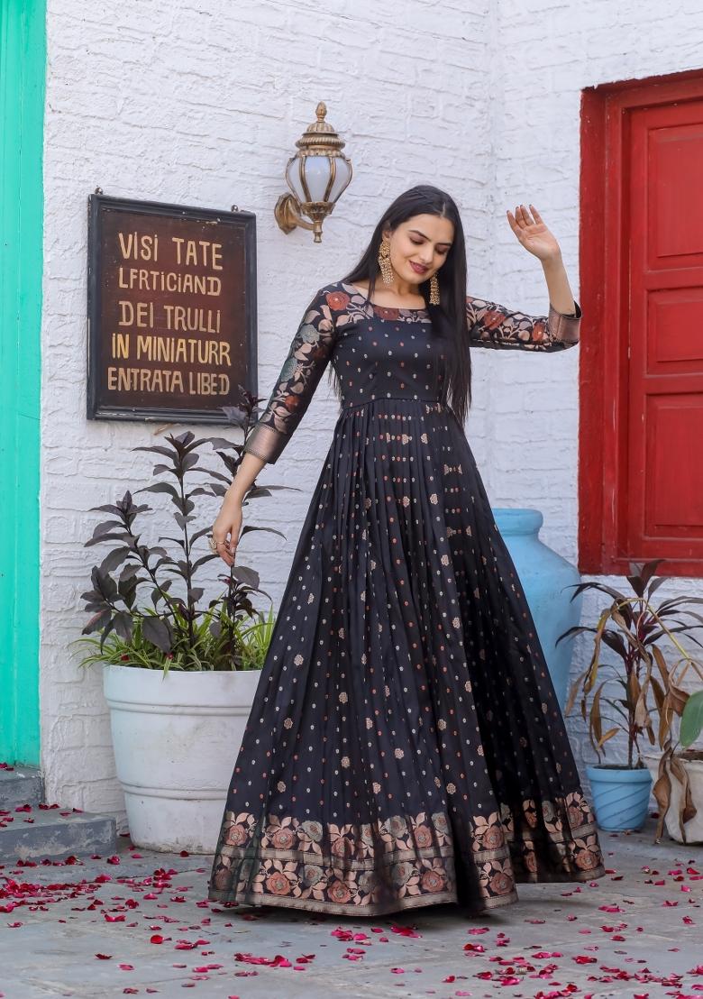 Black Printed Silk Dress - Indya