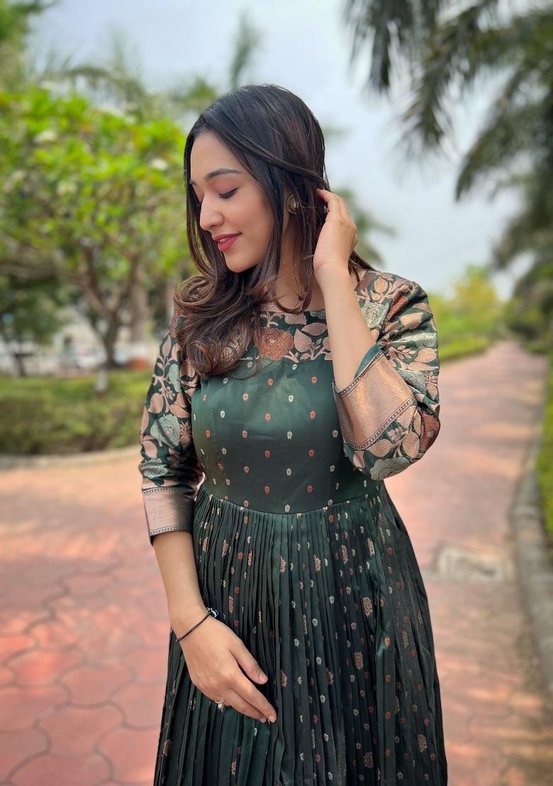 Green Printed Silk Dress - Indya