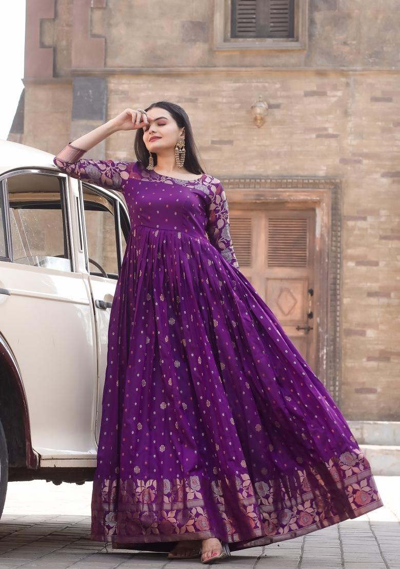 Purple Printed Silk Dress - Indya