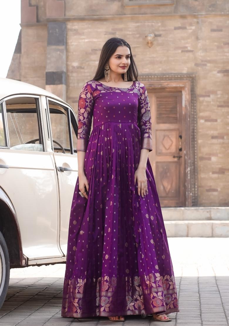 Purple Printed Silk Dress - Indya