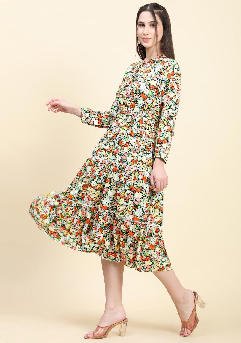 Black Floral Print Rayon Dress - Indya