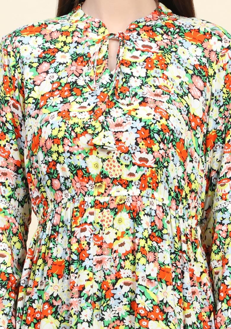 Black Floral Print Rayon Dress - Indya