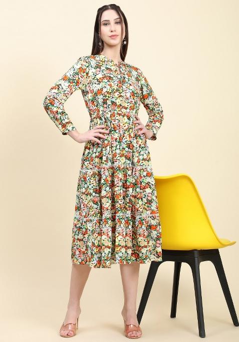 Black Floral Print Rayon Dress