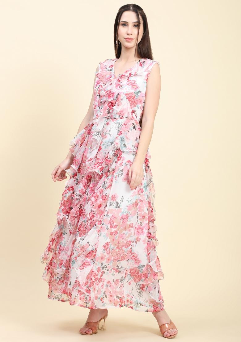 White Floral Print Georgette Ruffle Dress - Indya
