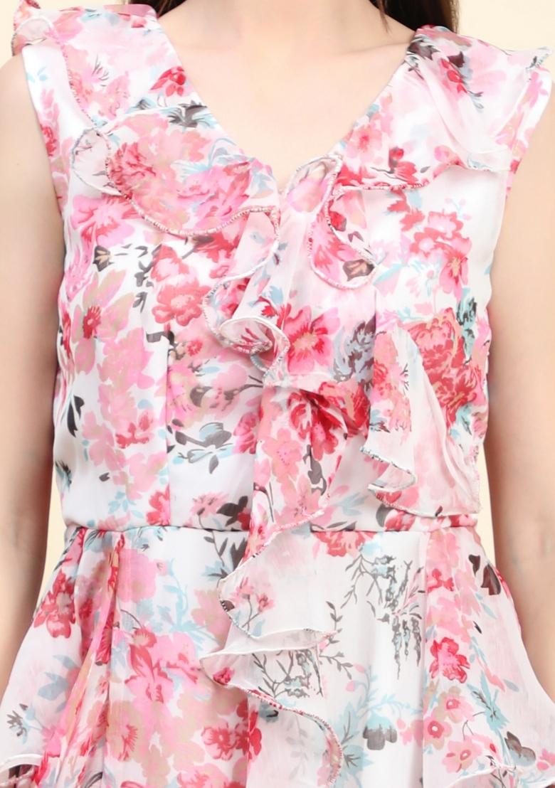 White Floral Print Georgette Ruffle Dress - Indya