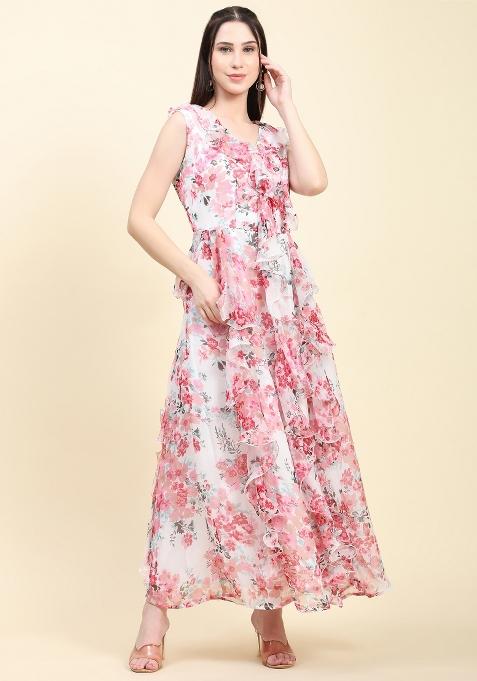 White Floral Print Georgette Ruffle Dress