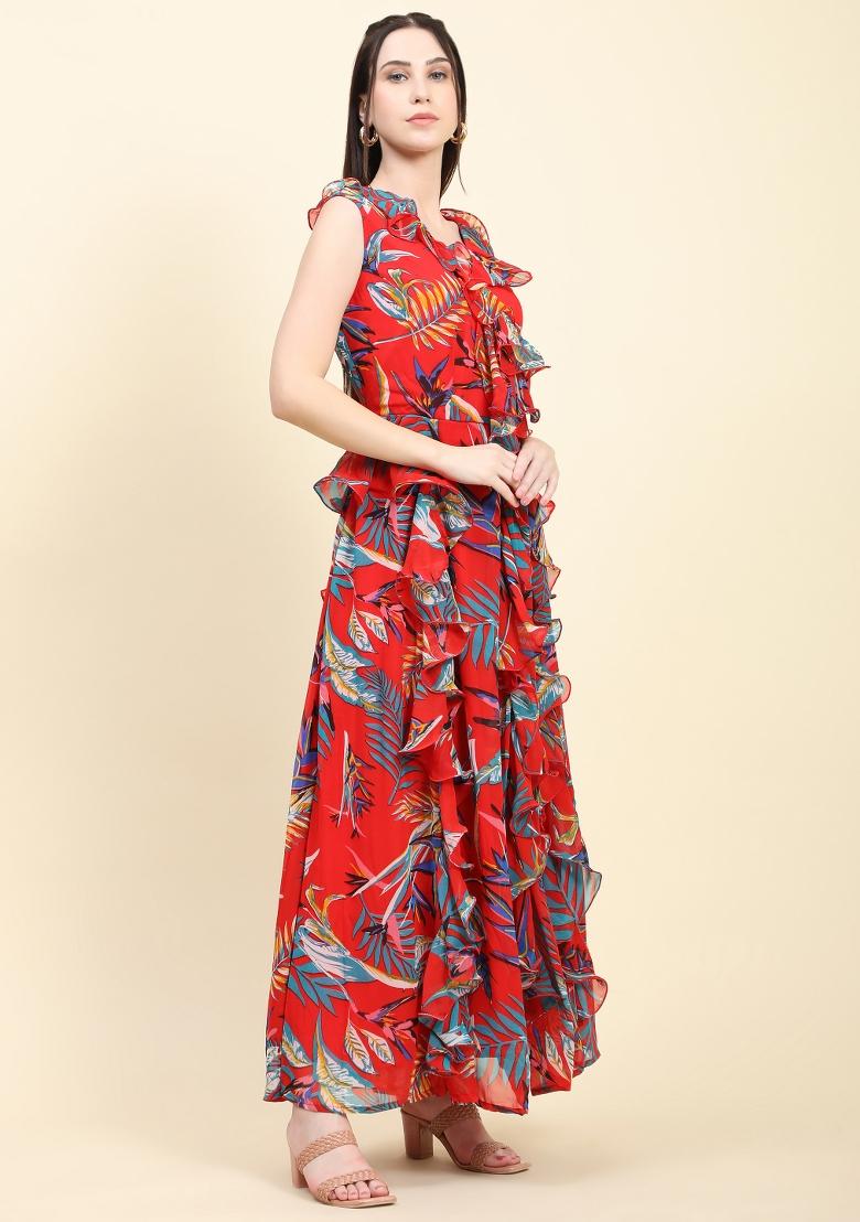 Red Printed Georgette Ruffle Dress - Indya