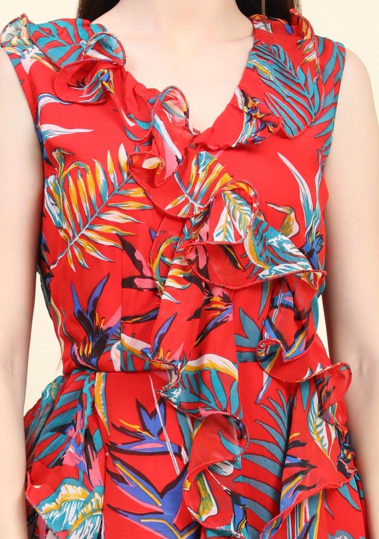 Red Printed Georgette Ruffle Dress - Indya