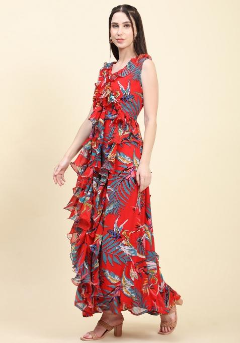 Red Printed Georgette Ruffle Dress