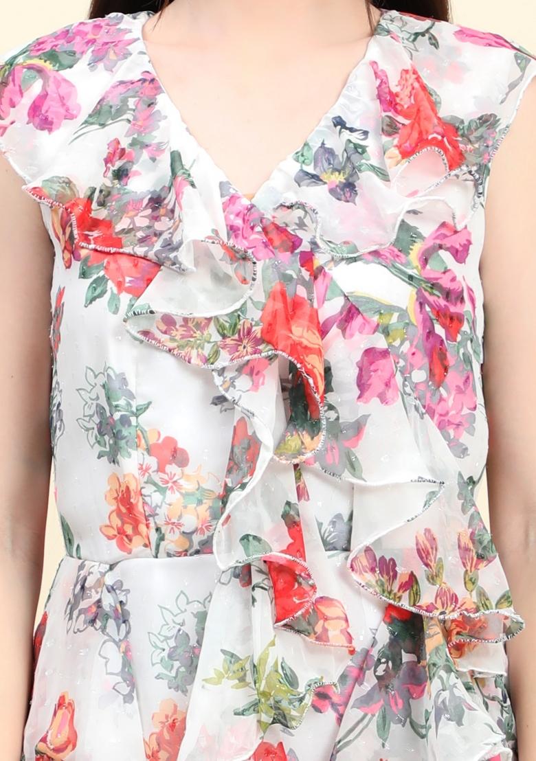 White Floral Print Georgette Ruffle Dress - Indya