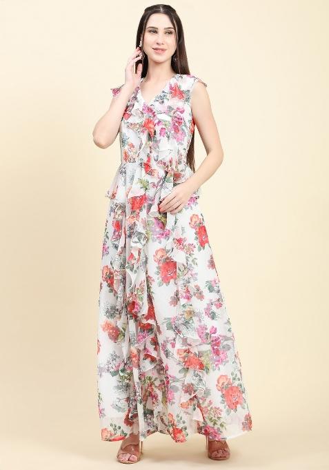 White Floral Print Georgette Ruffle Dress