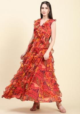 Multicolor Printed Georgette Ruffle Dress