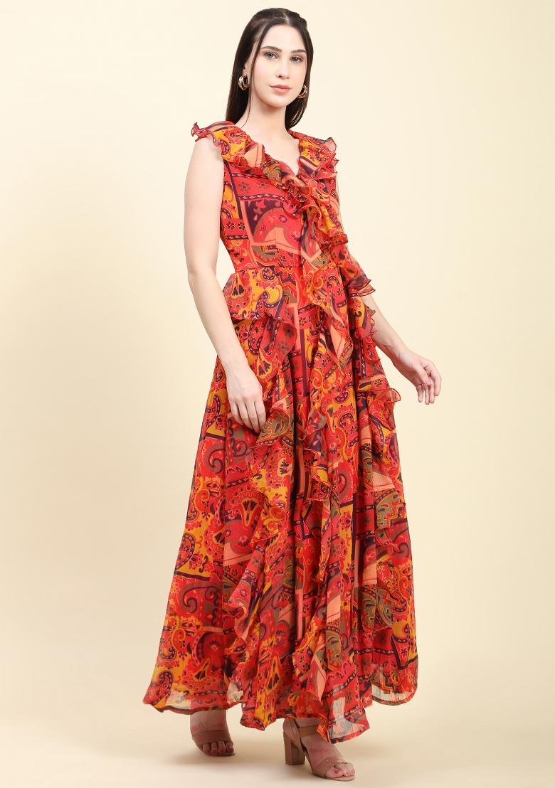 Multicolor Printed Georgette Ruffle Dress - Indya