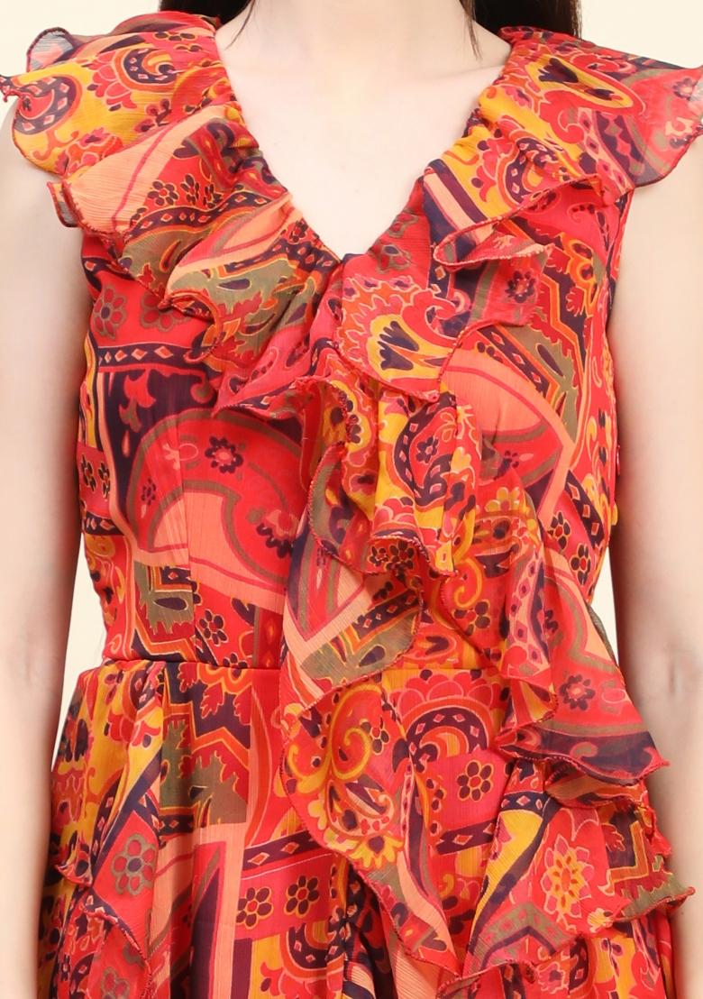 Multicolor Printed Georgette Ruffle Dress - Indya
