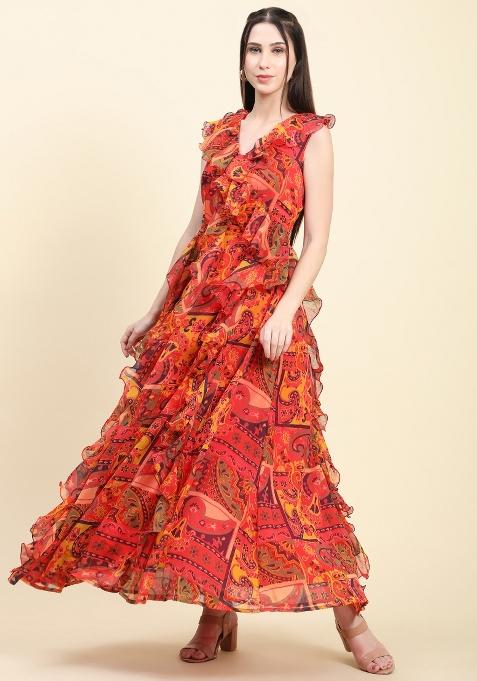 Multicolor Printed Georgette Ruffle Dress
